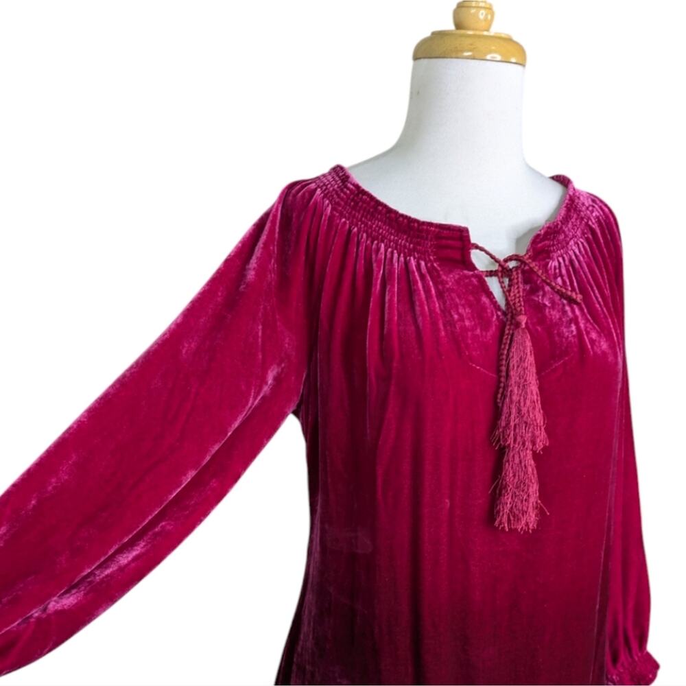 Sundance Velvet Smocked Tassel Top XS Raspberry Burgundy Silk Rayon Boho Holiday
